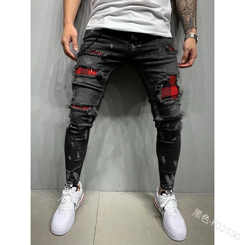 Men's Jeans Cotton Stretchy Ripped Skinny Hip Hop Hole Slim Fit Denim Pants - MJN0064