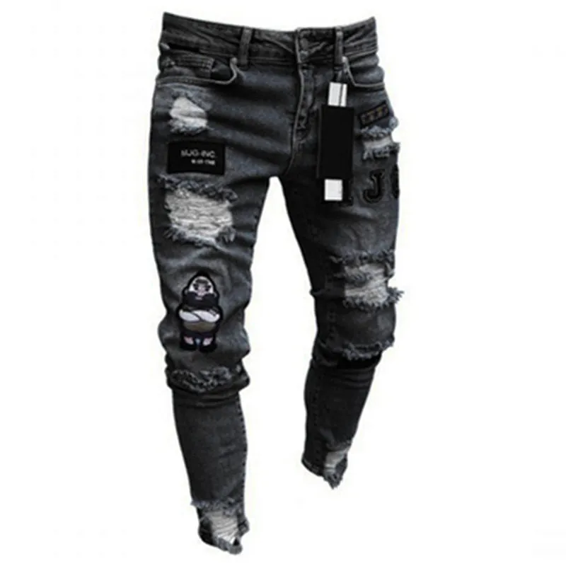 Men's Jeans Cotton Stretchy Ripped Skinny Hip Hop Hole Slim Fit Denim Pants - MJN0064