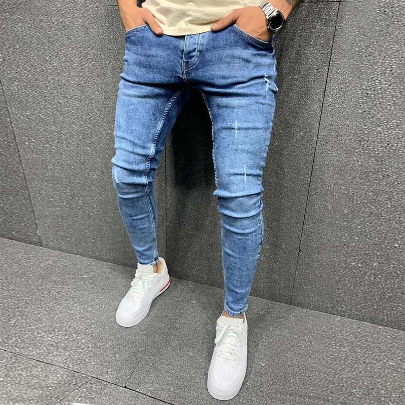 Men's Jeans Cotton Stretchy Ripped Skinny Hip Hop Hole Slim Fit Denim Pants - MJN0064