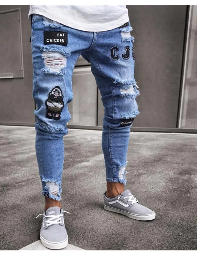 Men's Jeans Cotton Stretchy Ripped Skinny Hip Hop Hole Slim Fit Denim Pants - MJN0064