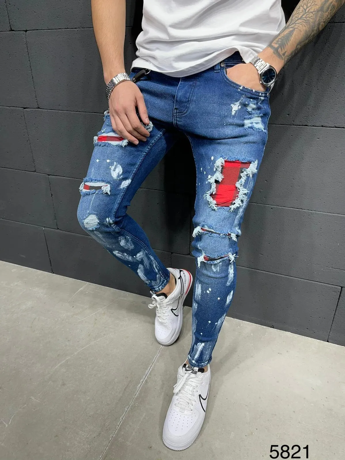 Men's Jeans Cotton Stretchy Ripped Skinny Hip Hop Hole Slim Fit Denim Pants - MJN0064