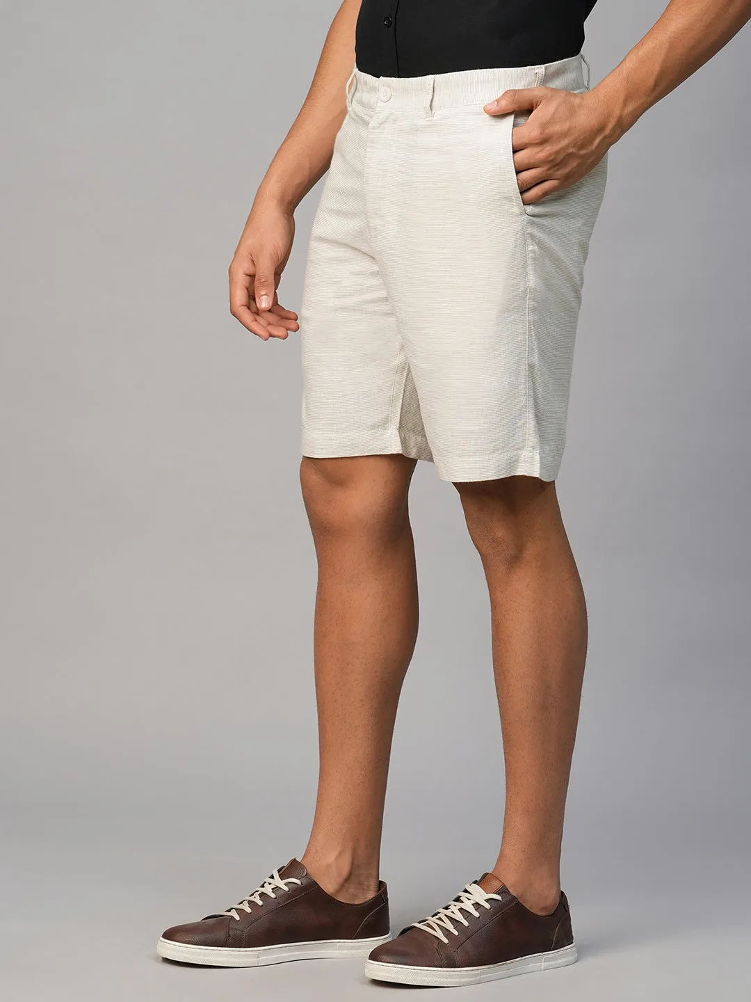 Men's Khaki Viscose Linen Regular Fit Shorts