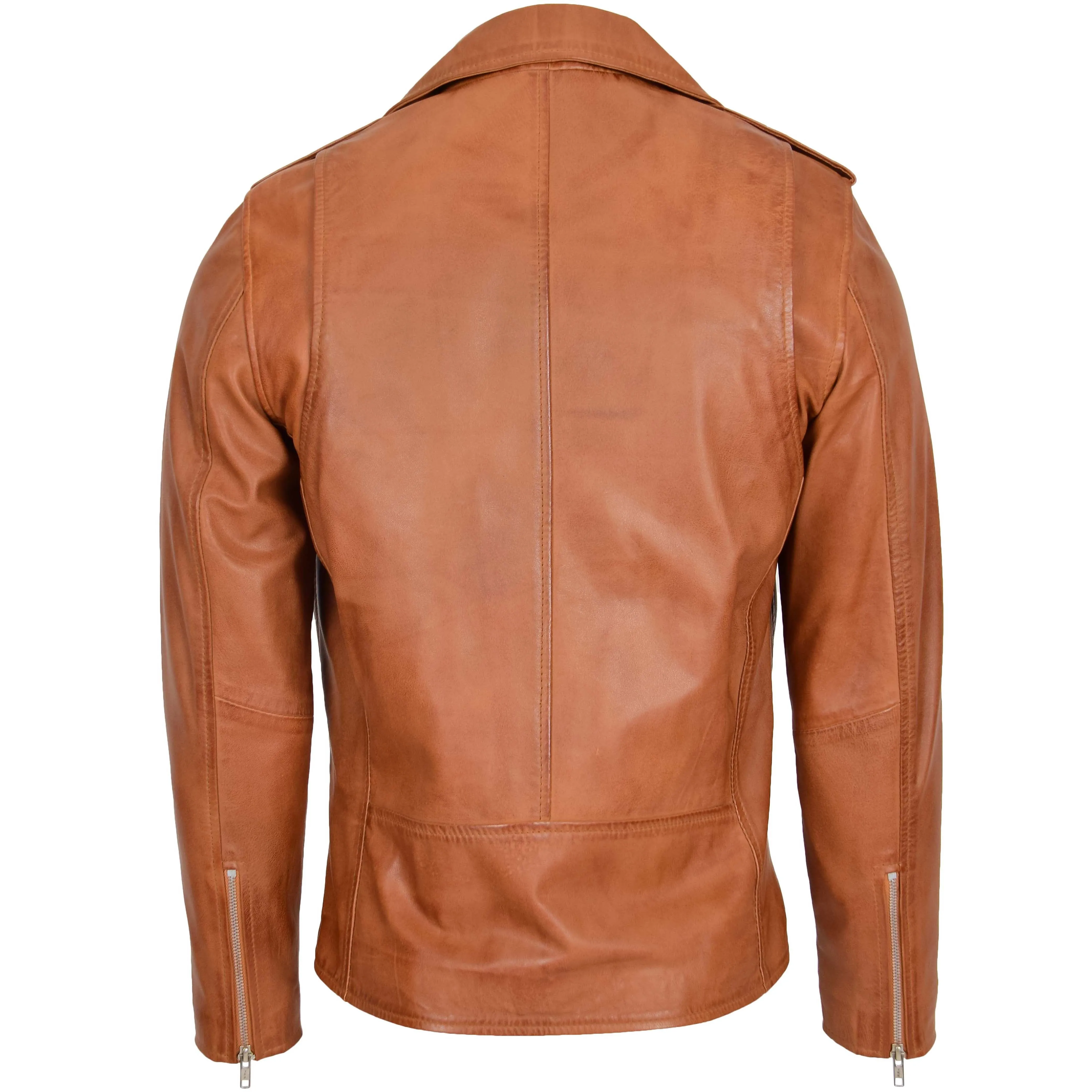 Mens Leather Biker Jacket Brando Style Johnny Tan