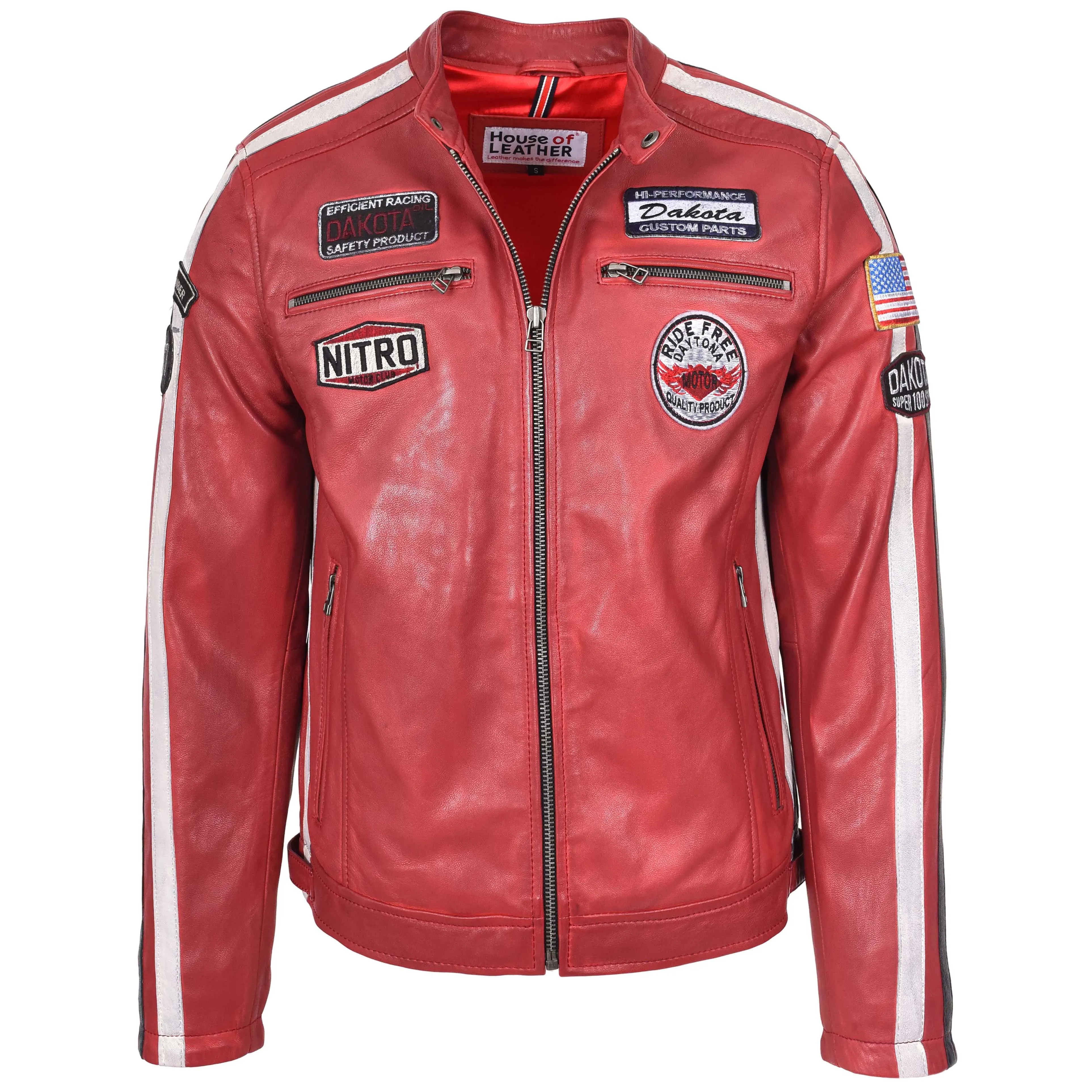 Mens Leather Biker Jacket Motorsport Logos Bobby Red