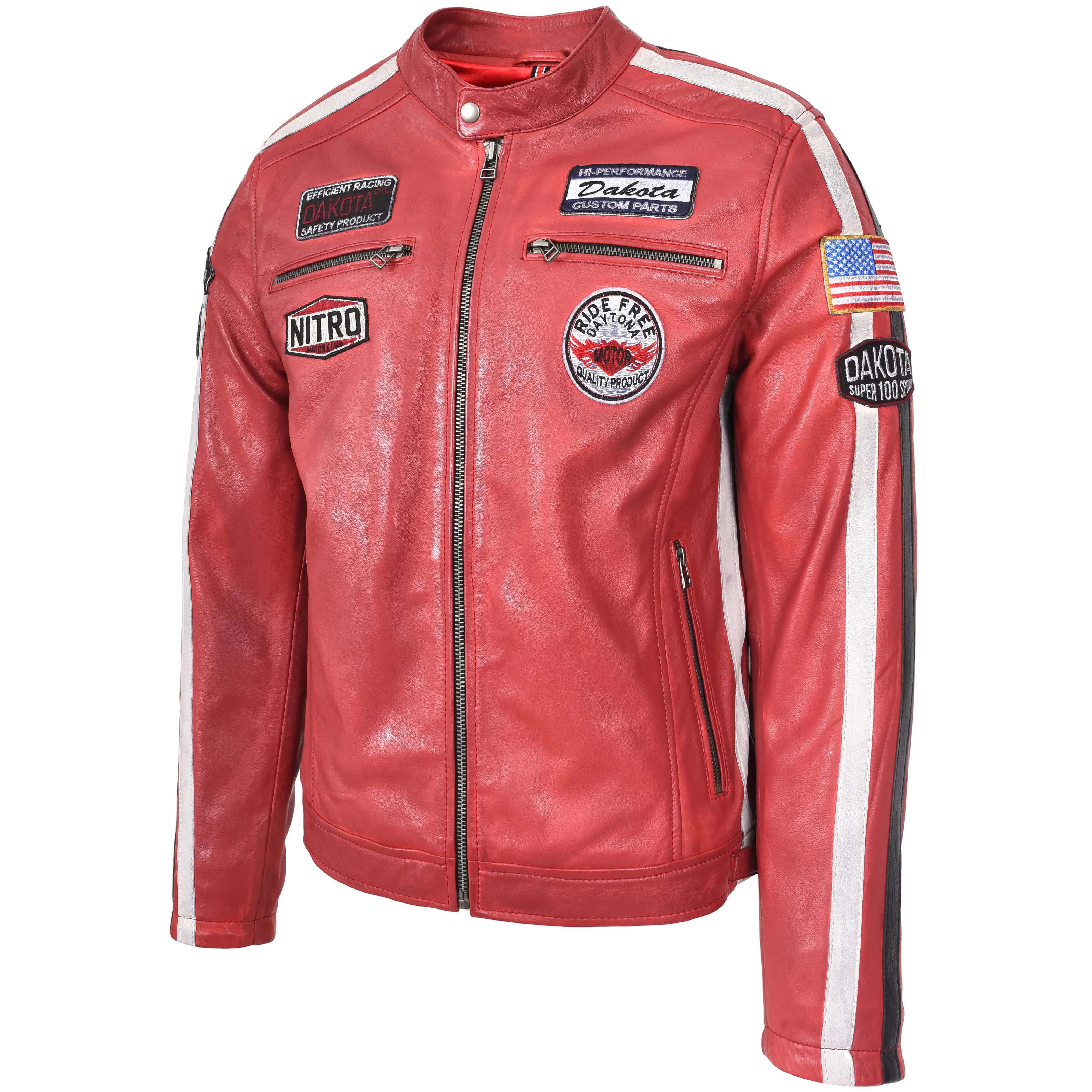 Mens Leather Biker Jacket Motorsport Logos Bobby Red