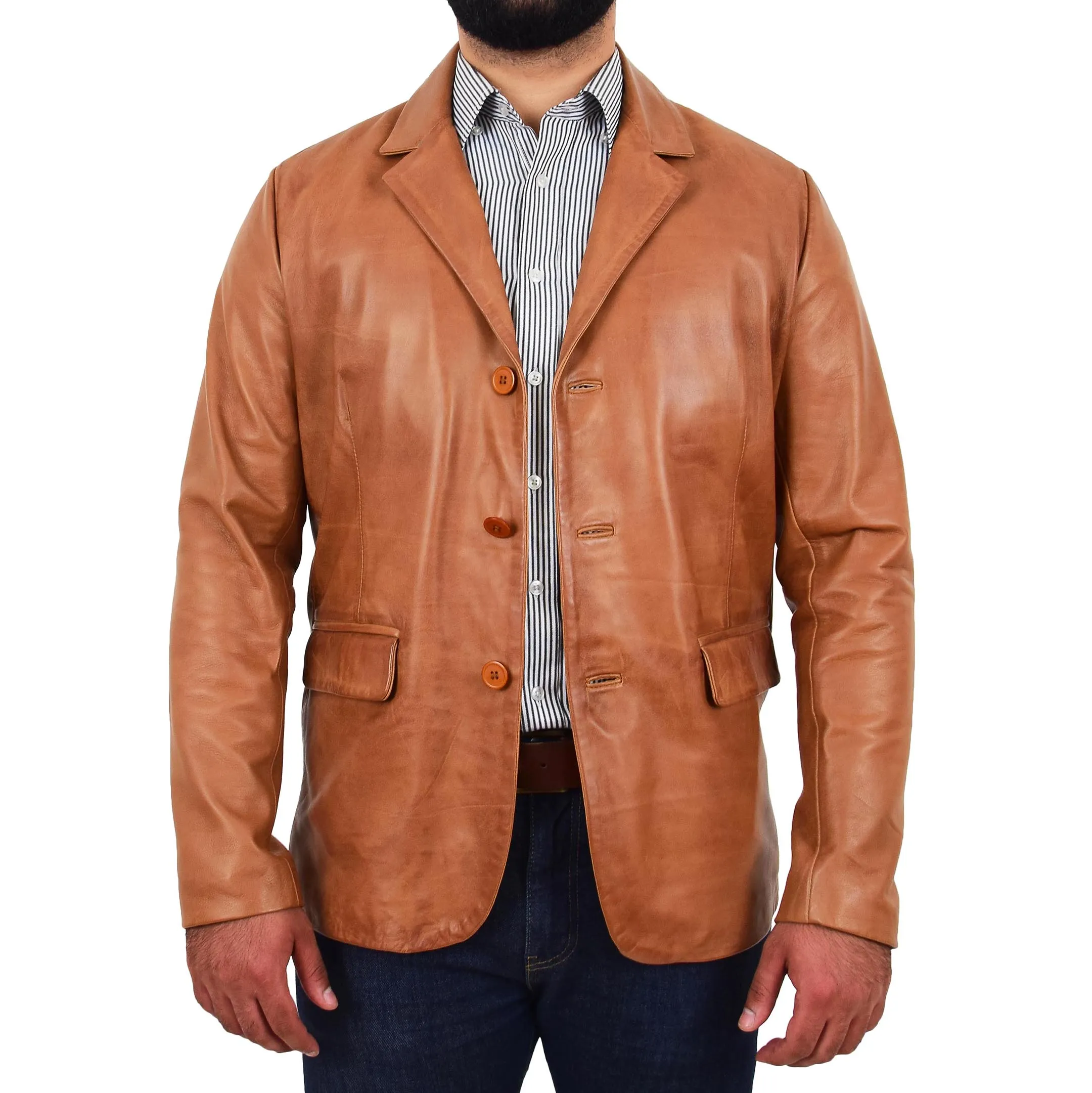 Mens Leather Blazer Real Lambskin Jacket Dinner Suit Style Coat Dean Cognac