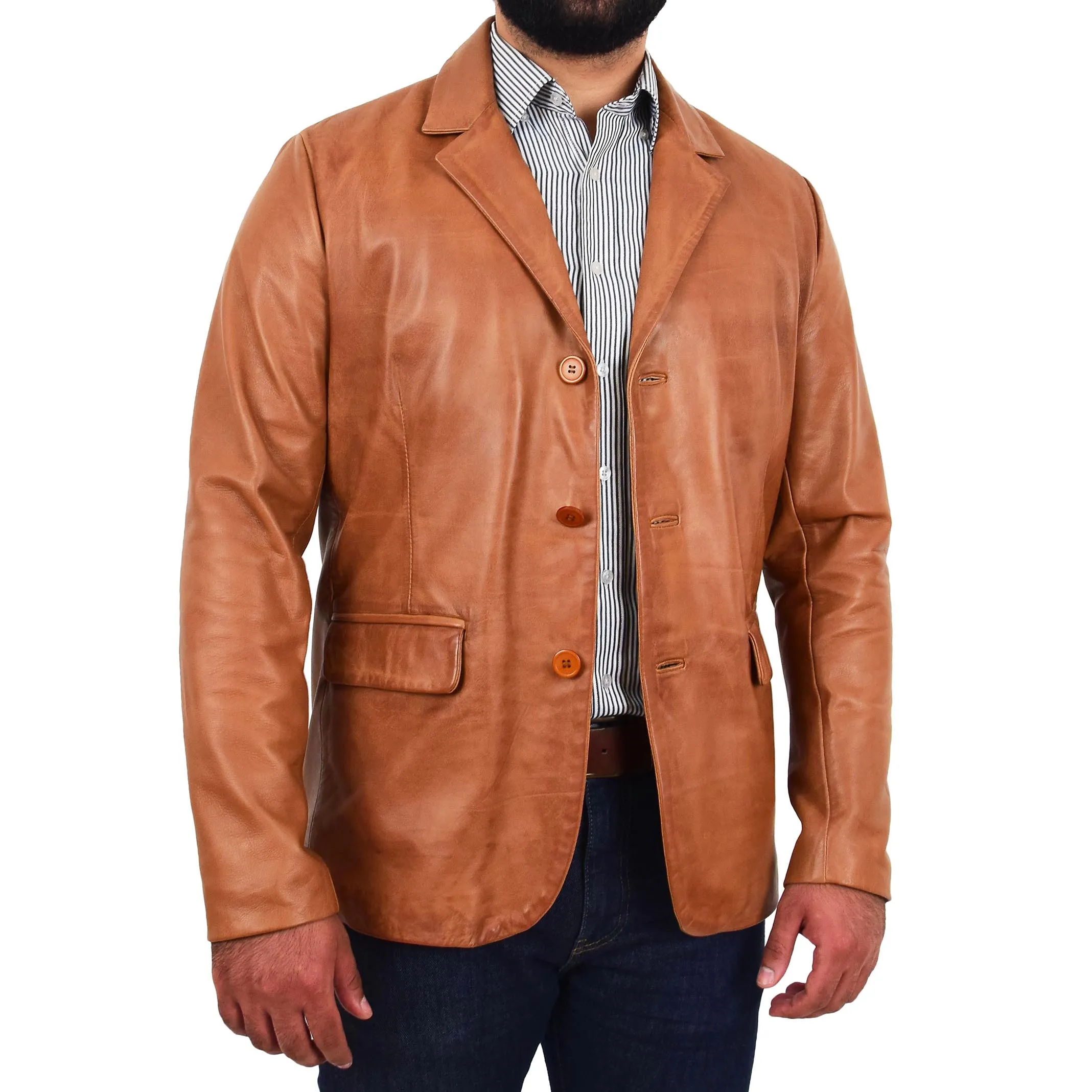 Mens Leather Blazer Real Lambskin Jacket Dinner Suit Style Coat Dean Cognac