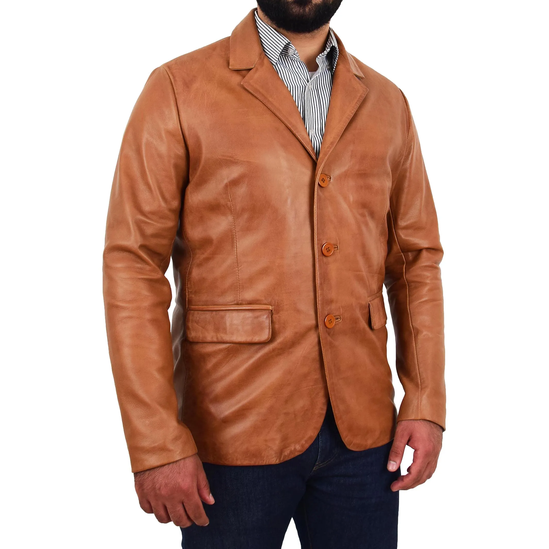 Mens Leather Blazer Real Lambskin Jacket Dinner Suit Style Coat Dean Cognac