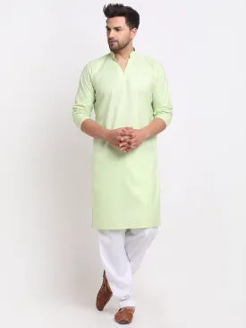 Men's Lime Green Solid Pathani Kurta With White Salwar - Benstoke