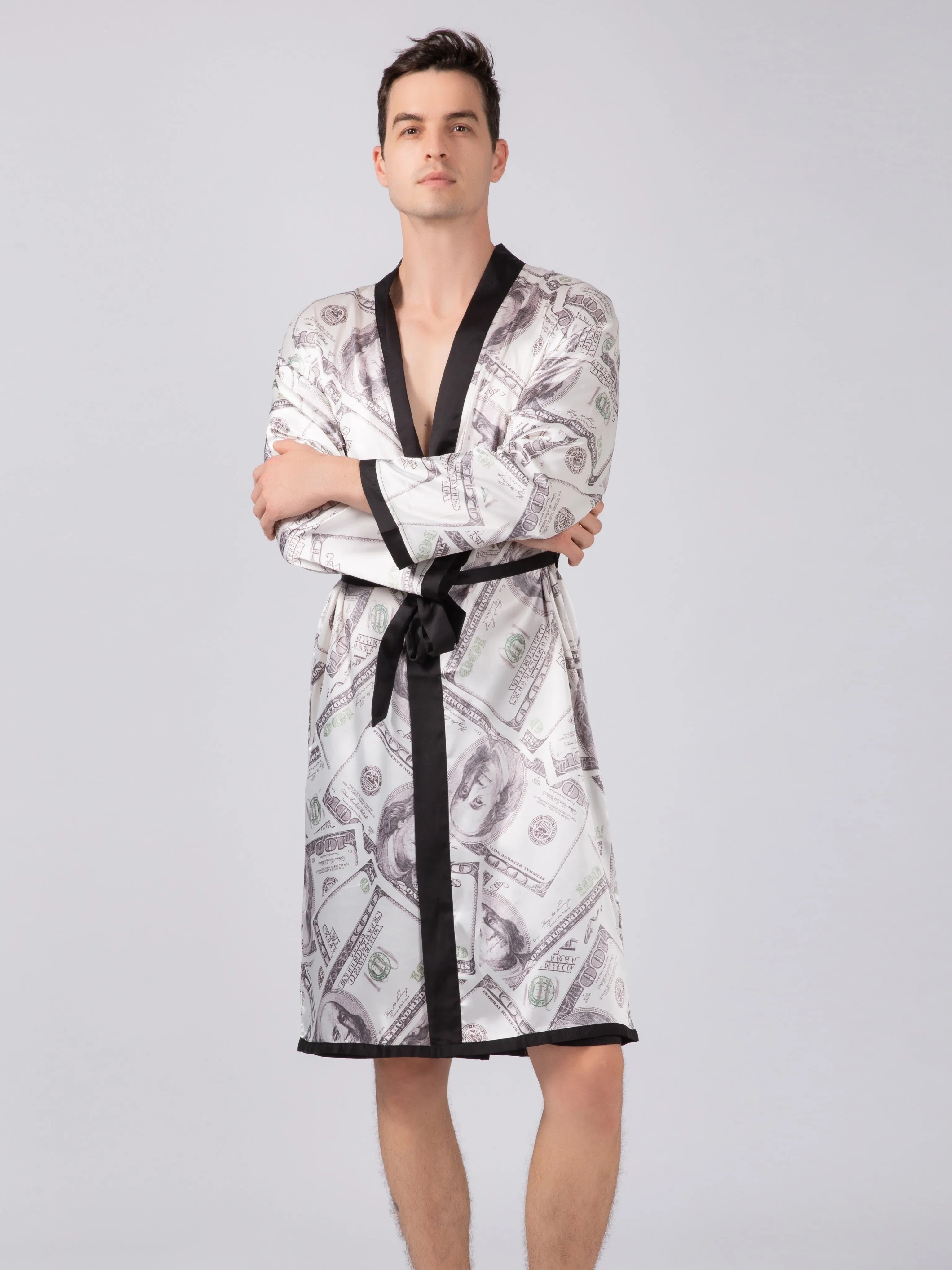 Men's Luxurious Golden Chain Print Long Sleeve Bathrobe - Soft, Plush, and Cozy Homewear for Spring and Summer - Perfect for Relaxation and Lounging Around the House