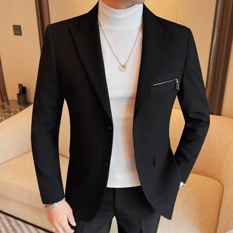 Men's Luxury Slim Fit Blazer: Zipper Design, Casual Office Suit, Social, Wedding, Party, Groom Dress Coat