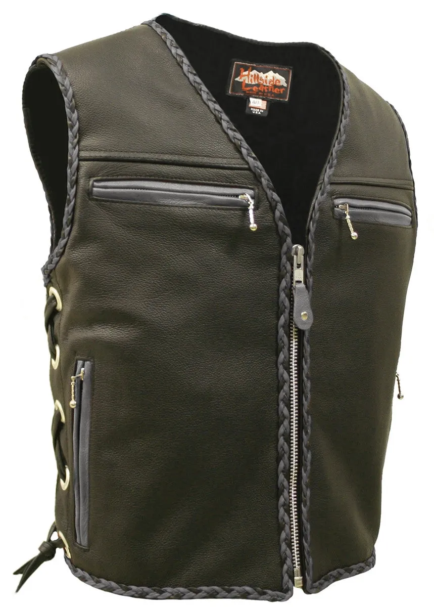 Mens Made in USA The Elite Motorcycle Leather Vest Gray/Black Braiding