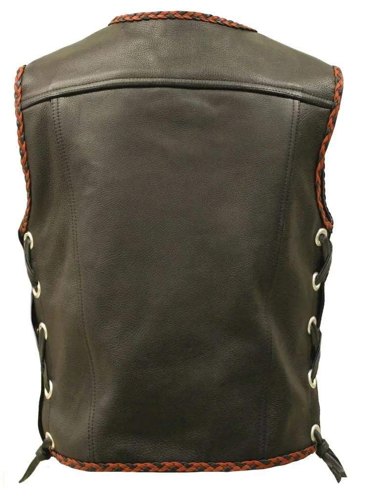 Mens Made in USA The Elite Motorcycle Leather Vest Gray/Black Braiding