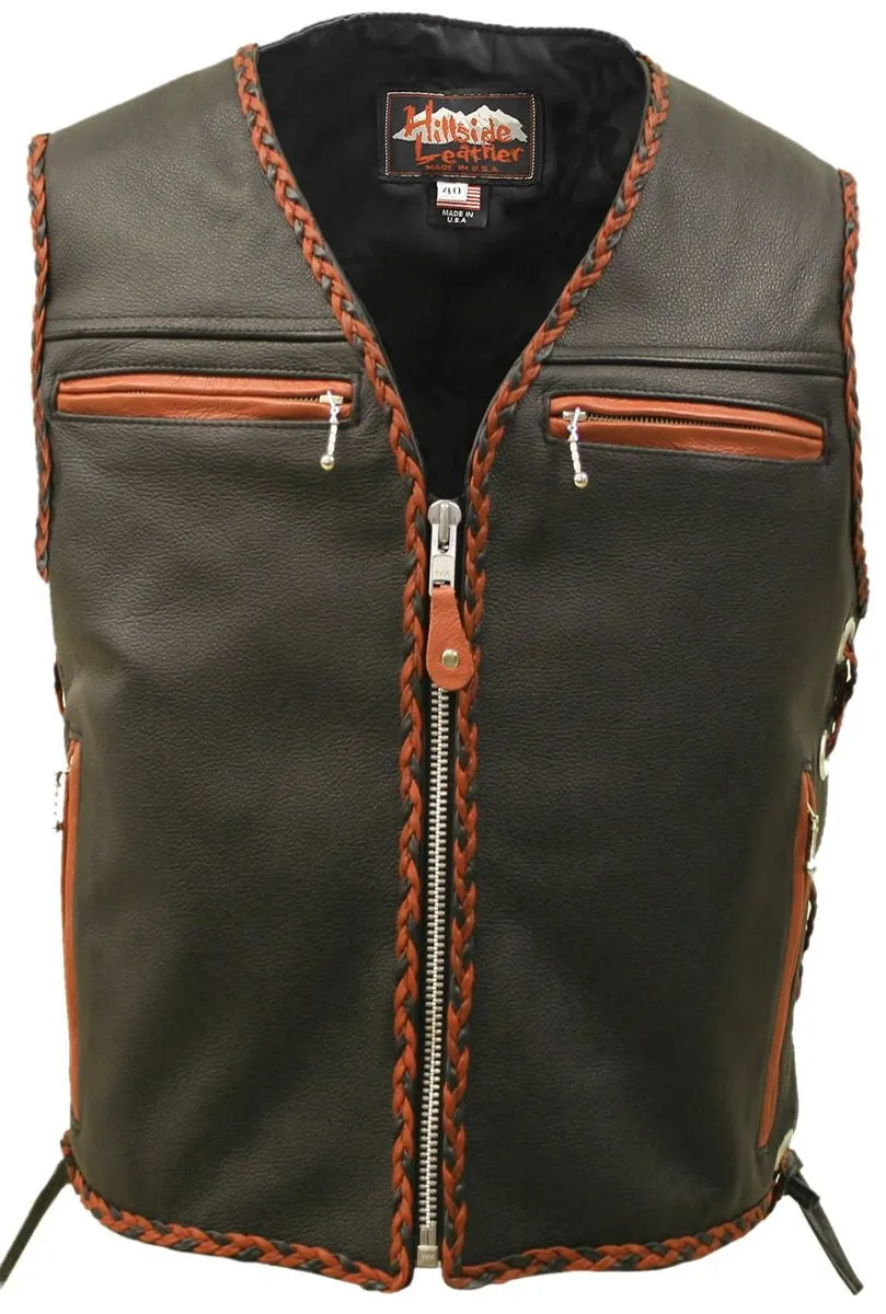 Mens Made in USA The Elite Motorcycle Leather Vest Orange/Black Braiding