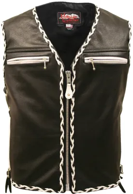 Mens Made in USA The Elite Motorcycle Leather Vest White and Black Braiding