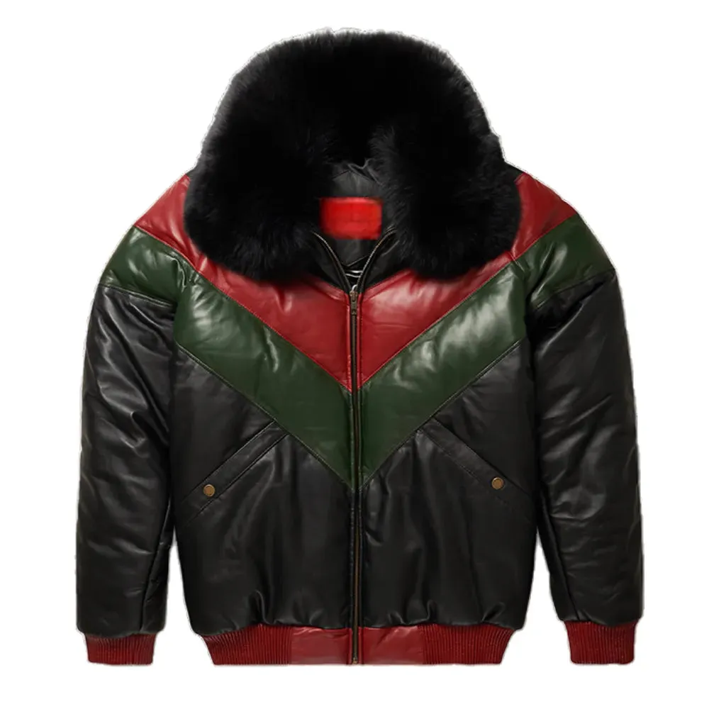 Mens Multicolor Lambskin Leather V Bomber Jacket