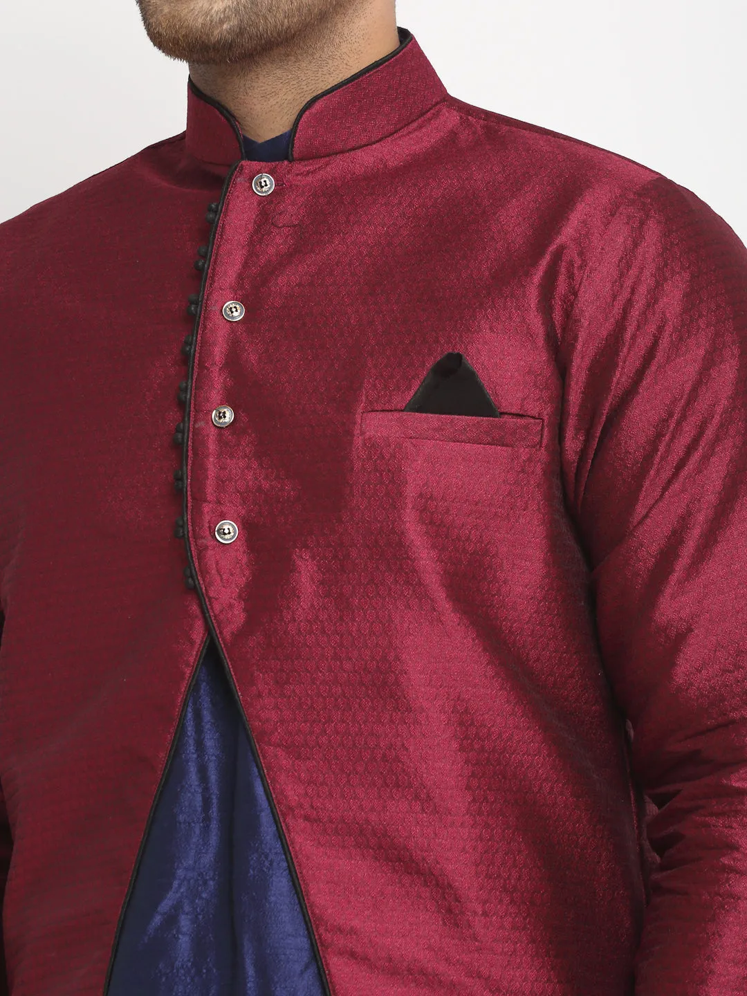 Men's Navy Blue Kurta With Pyjama & Burgundy Self Design Jacket - Benstoke