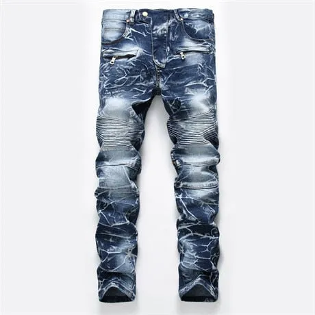 Men's New Motorcycle Jeans Pleated Holes Decorative Denim Pants Men Casual Jeans - MJN0065