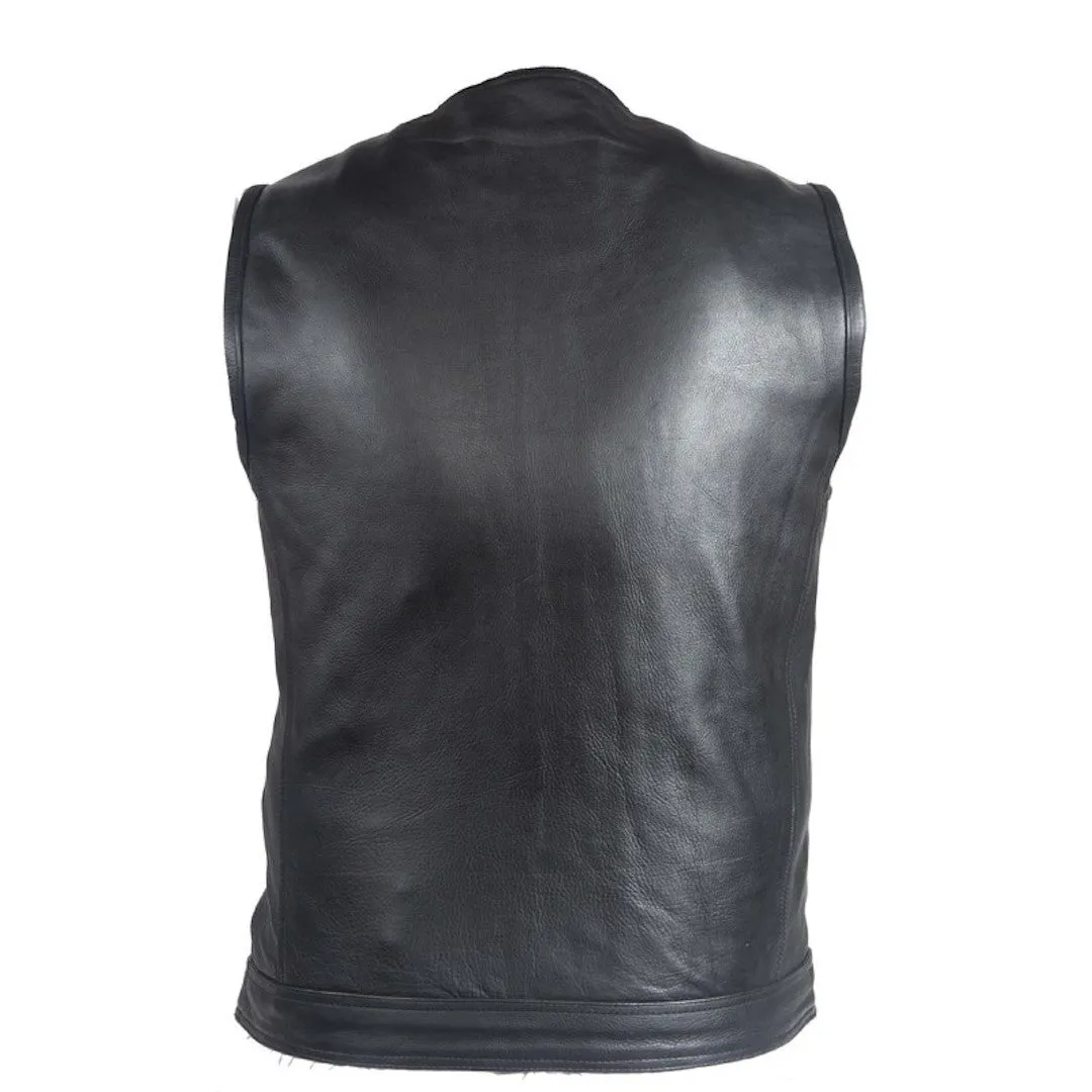 Mens No Collar Naked Leather Motorcycle Club Vest With Gun Pockets Solid Back