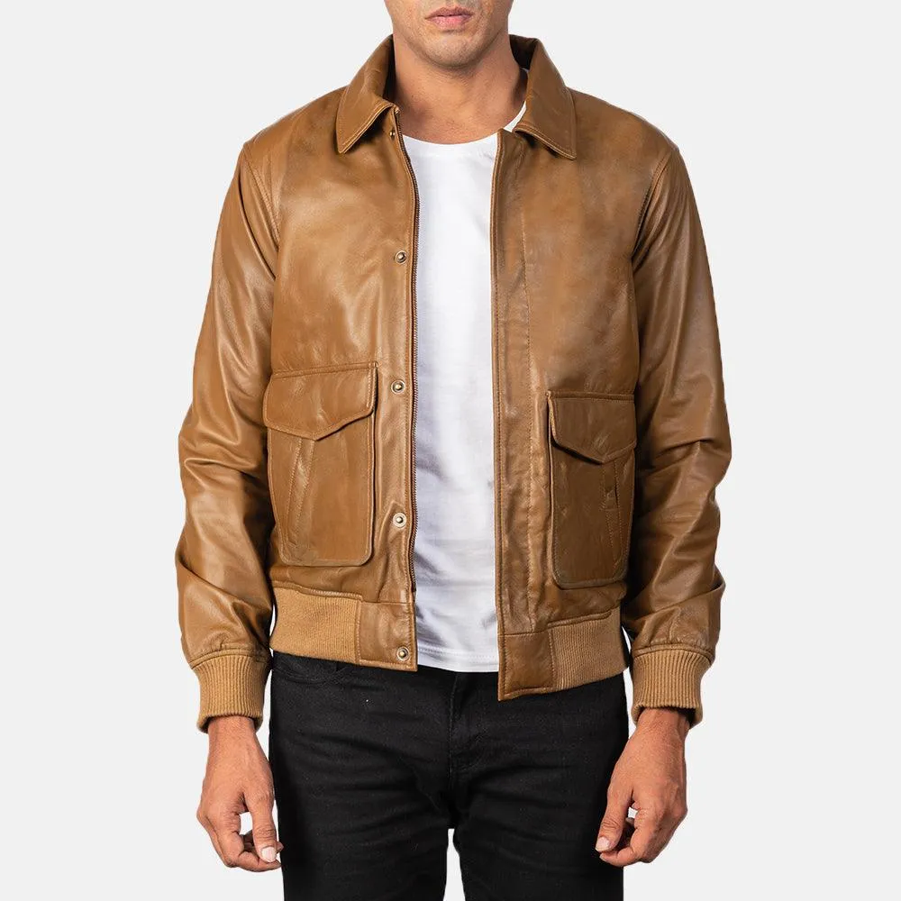 Mens Olive Brown Leather Bomber Jacket