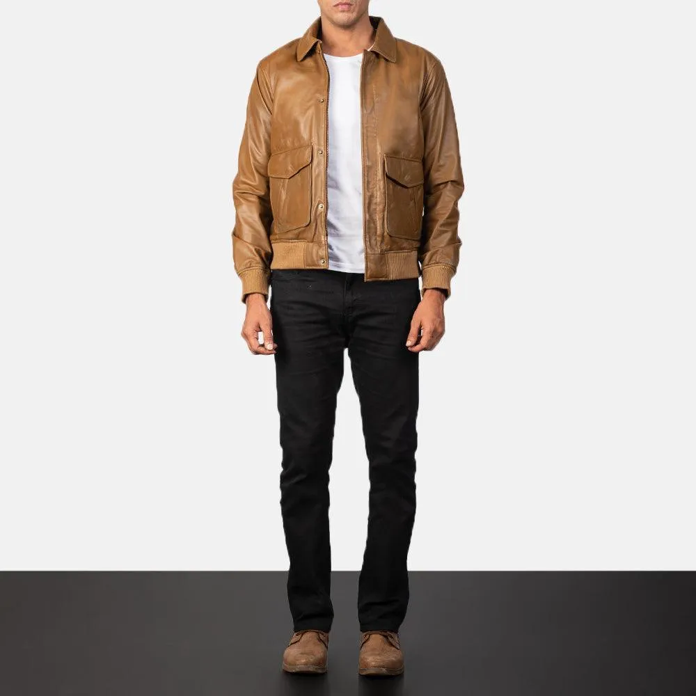 Mens Olive Brown Leather Bomber Jacket