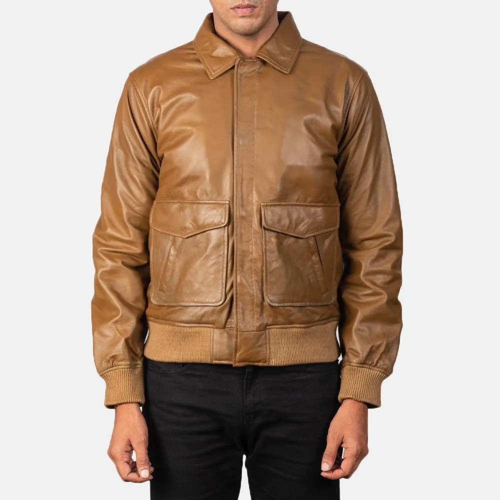 Mens Olive Brown Leather Bomber Jacket