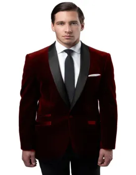 Men's One Button Velvet Shawl Burgundy Collar Tuxedo Jacket