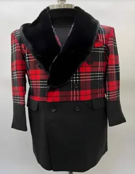 Mens Overcoat - Topcoat For Men - Winter Fabric - Mens Plaid Overcoat - Wool Red ~ Black Peacoat - Plaid Topcoats