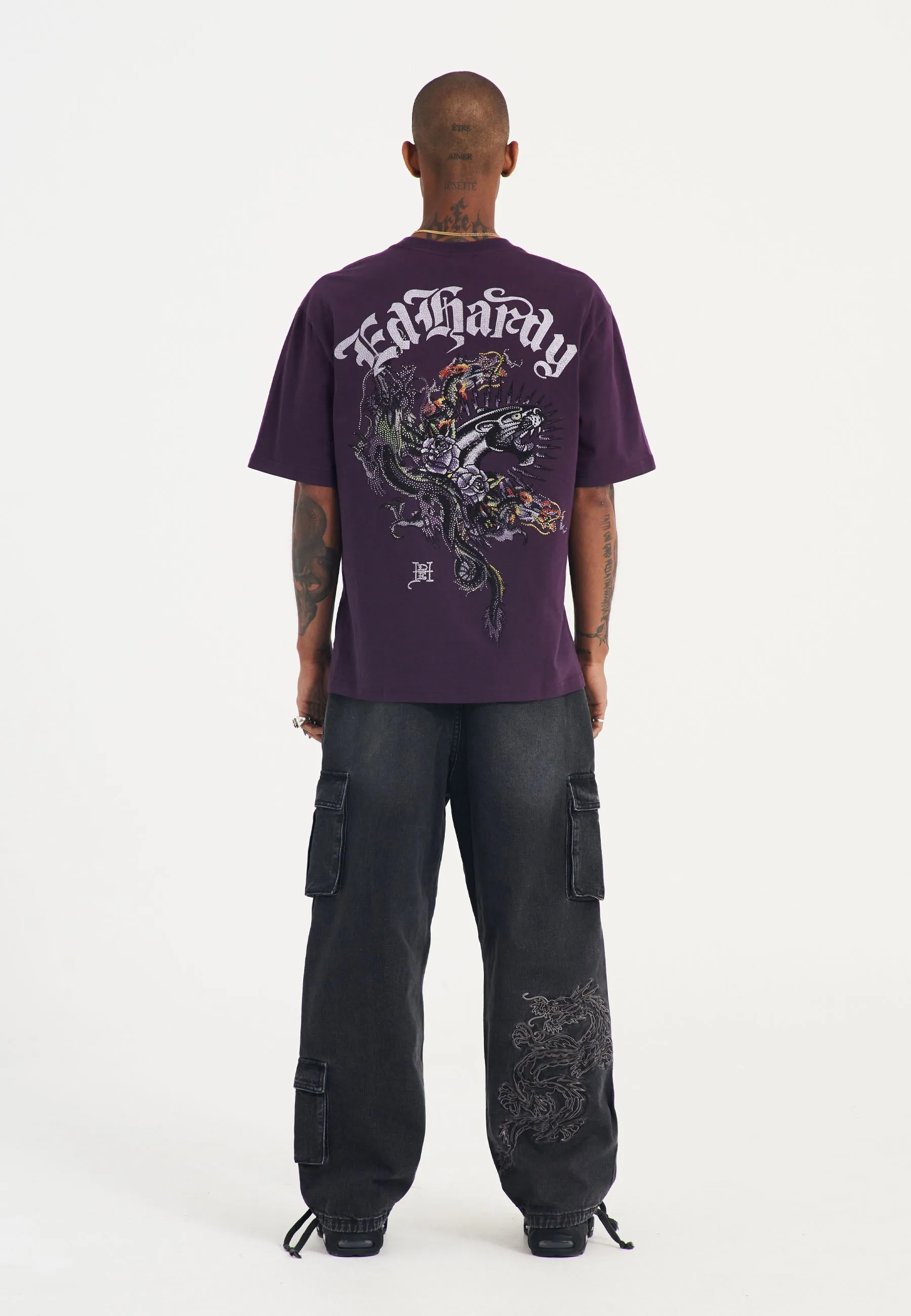 Mens Panther And Drag Diamante Relaxed Tshirt - Purple