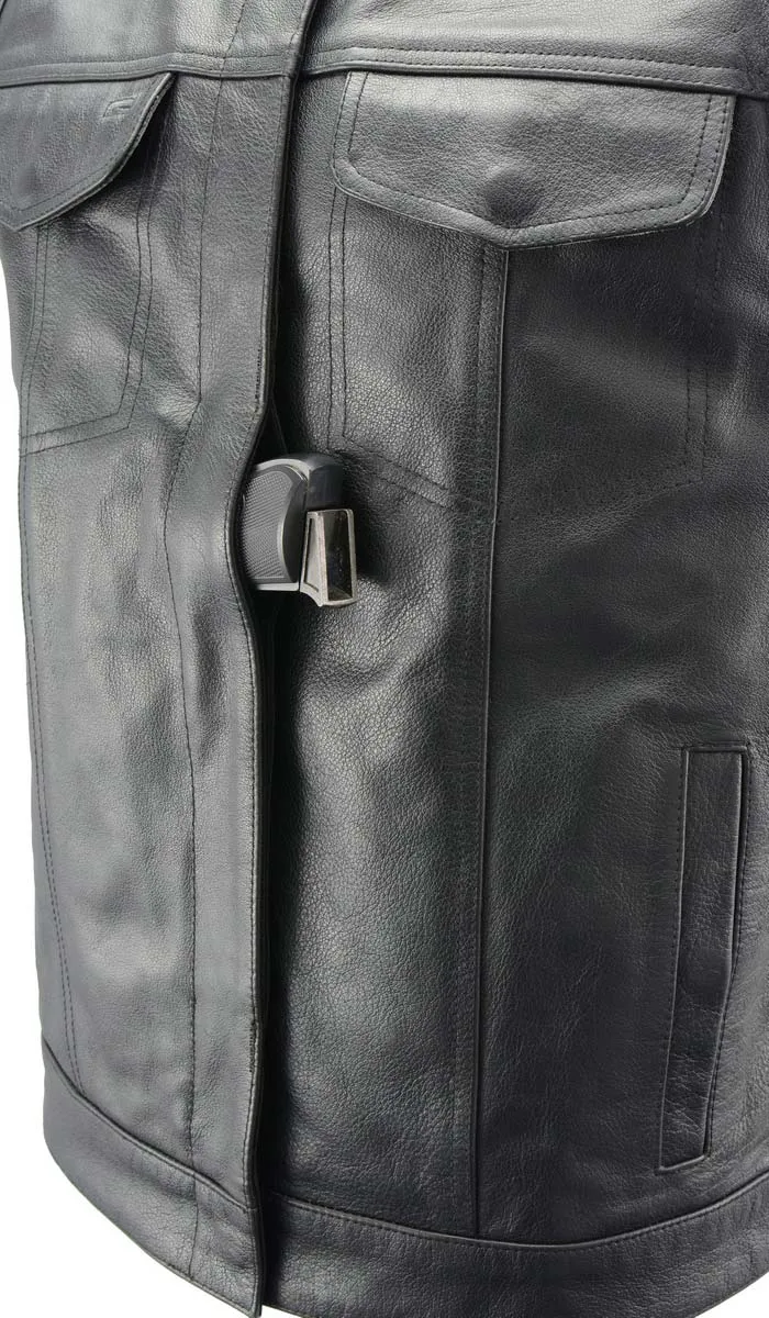 Men’s Premium Black Leather Club Style Motorcycle Riding Vest with Removable Bib Hoodie BZ6110