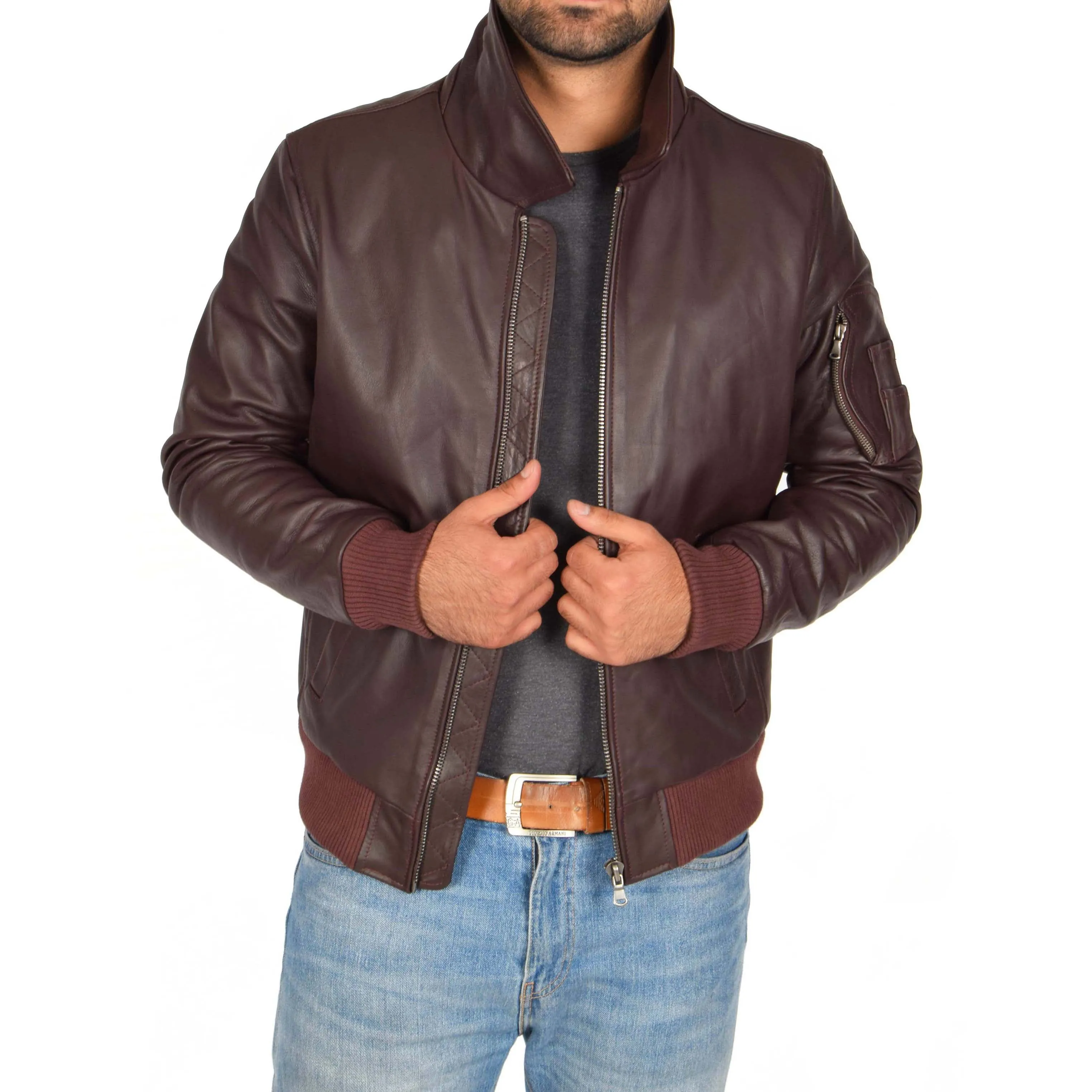 Mens Real Cowhide Bomber Leather Pilot Jacket Lance Burgundy