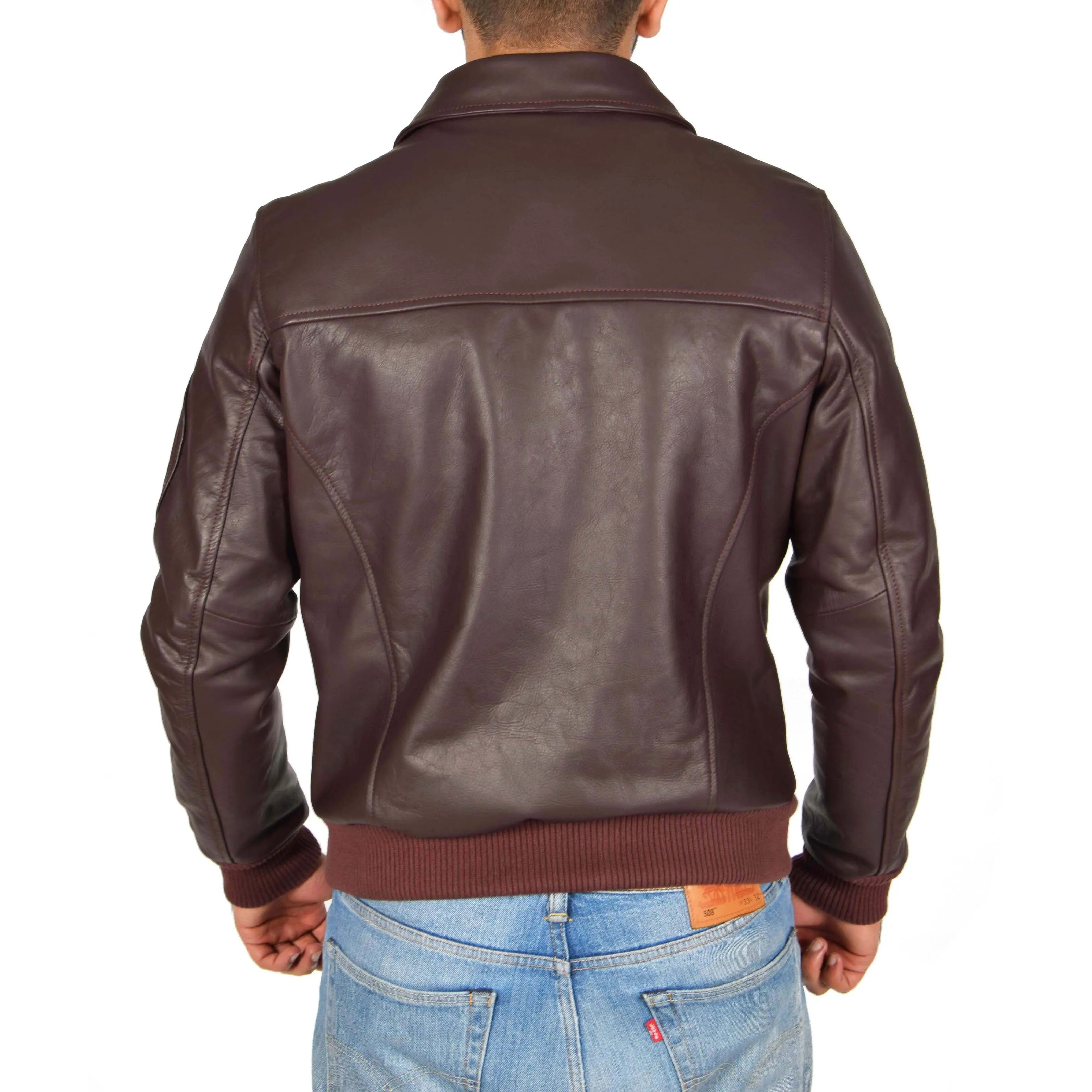 Mens Real Cowhide Bomber Leather Pilot Jacket Lance Burgundy