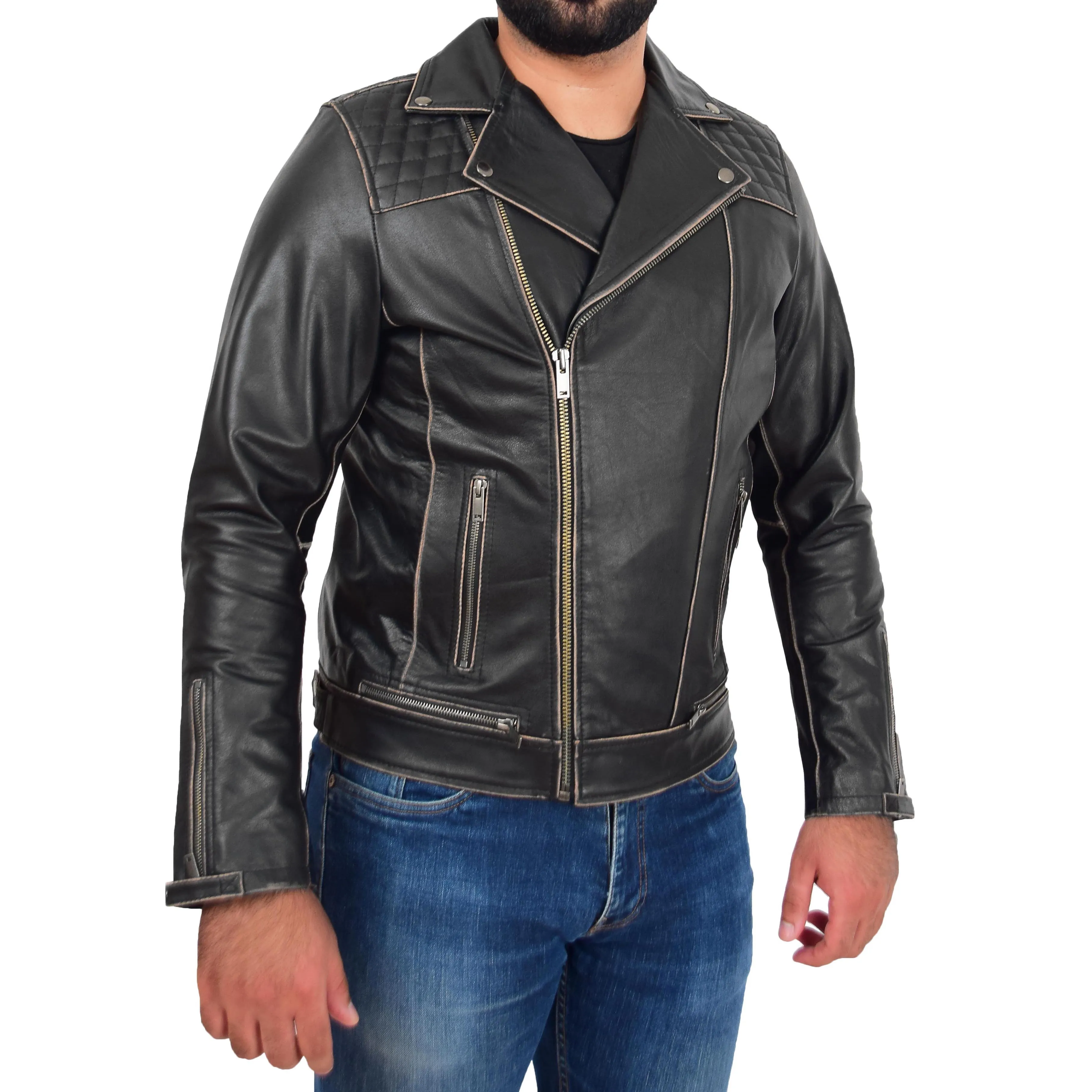 Mens Real Leather Biker Jacket Cruz Rub Off