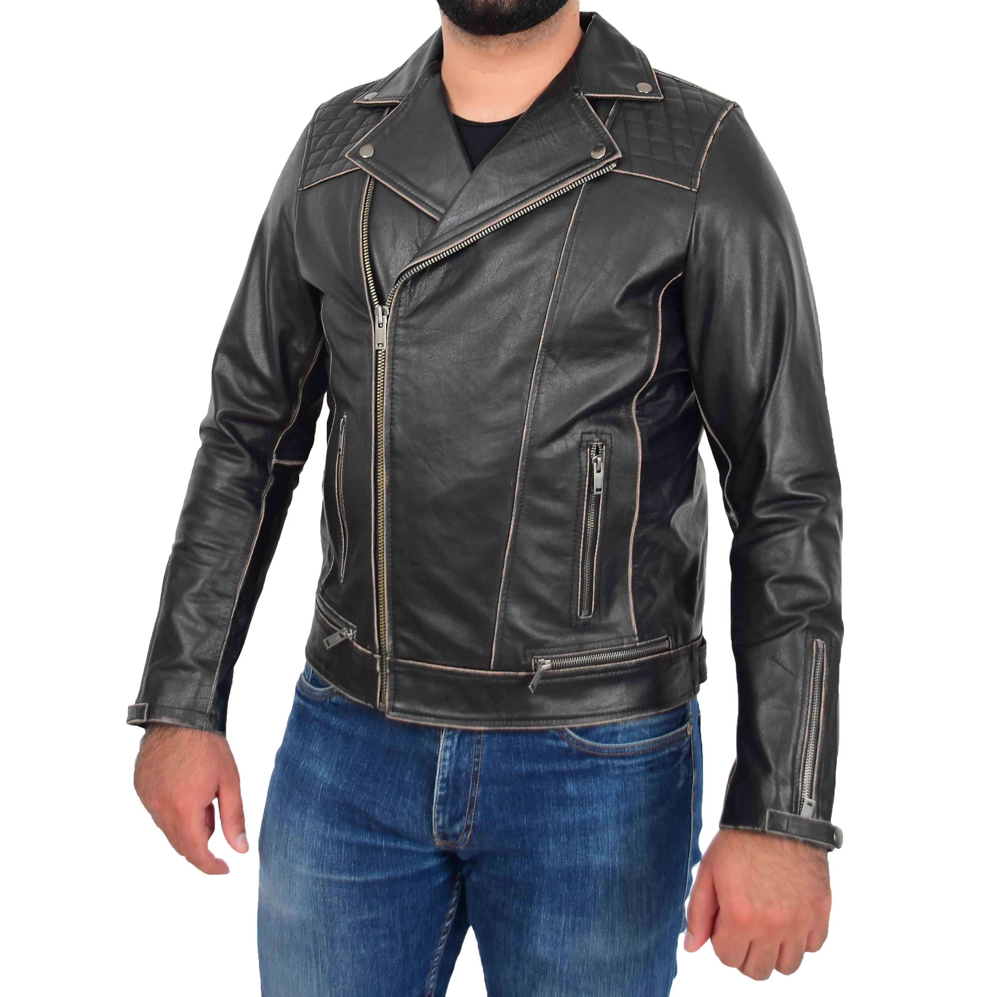 Mens Real Leather Biker Jacket Cruz Rub Off