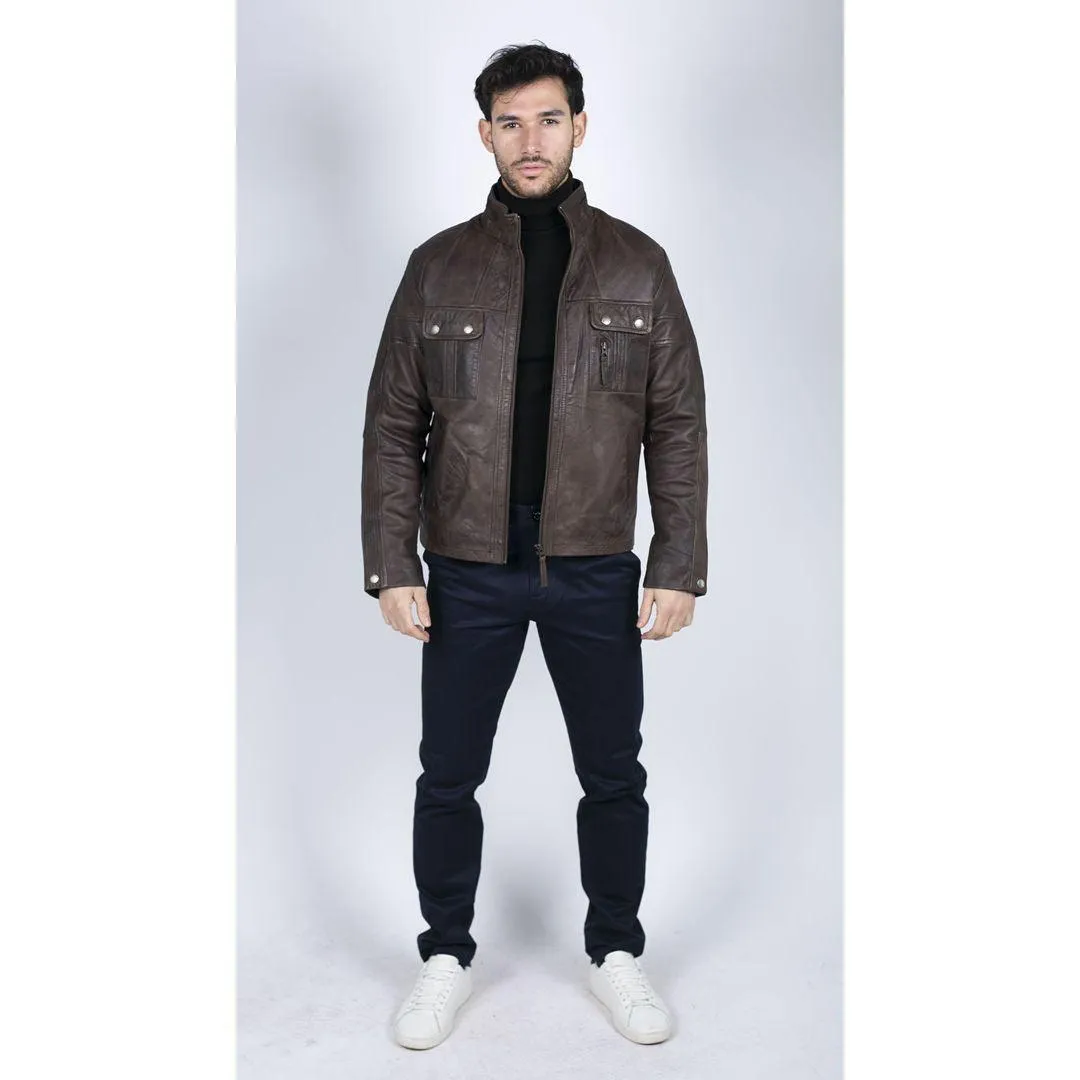 Mens Retro Real Leather Jacket Smart Casual High Collar Brown Vintage Look