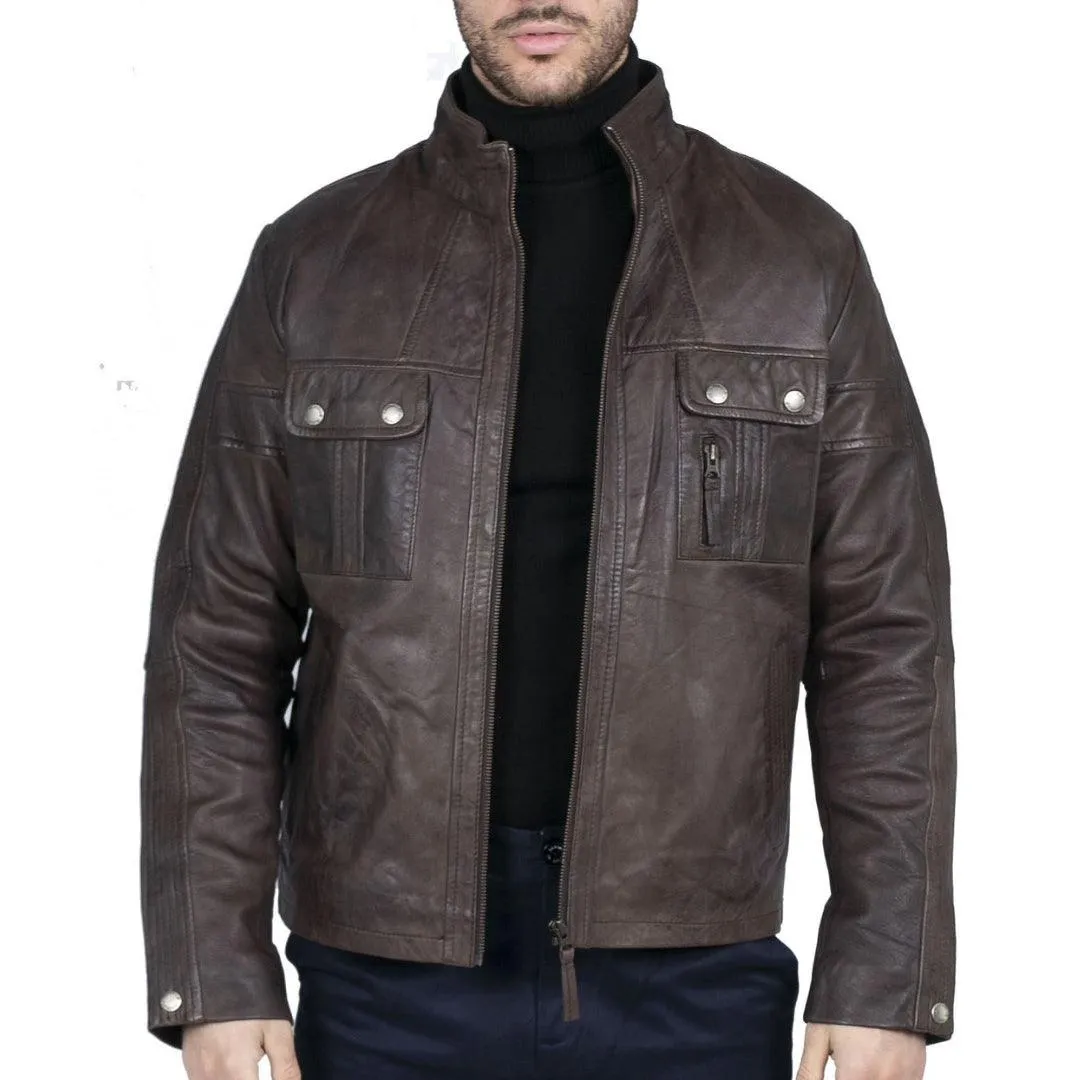 Mens Retro Real Leather Jacket Smart Casual High Collar Brown Vintage Look