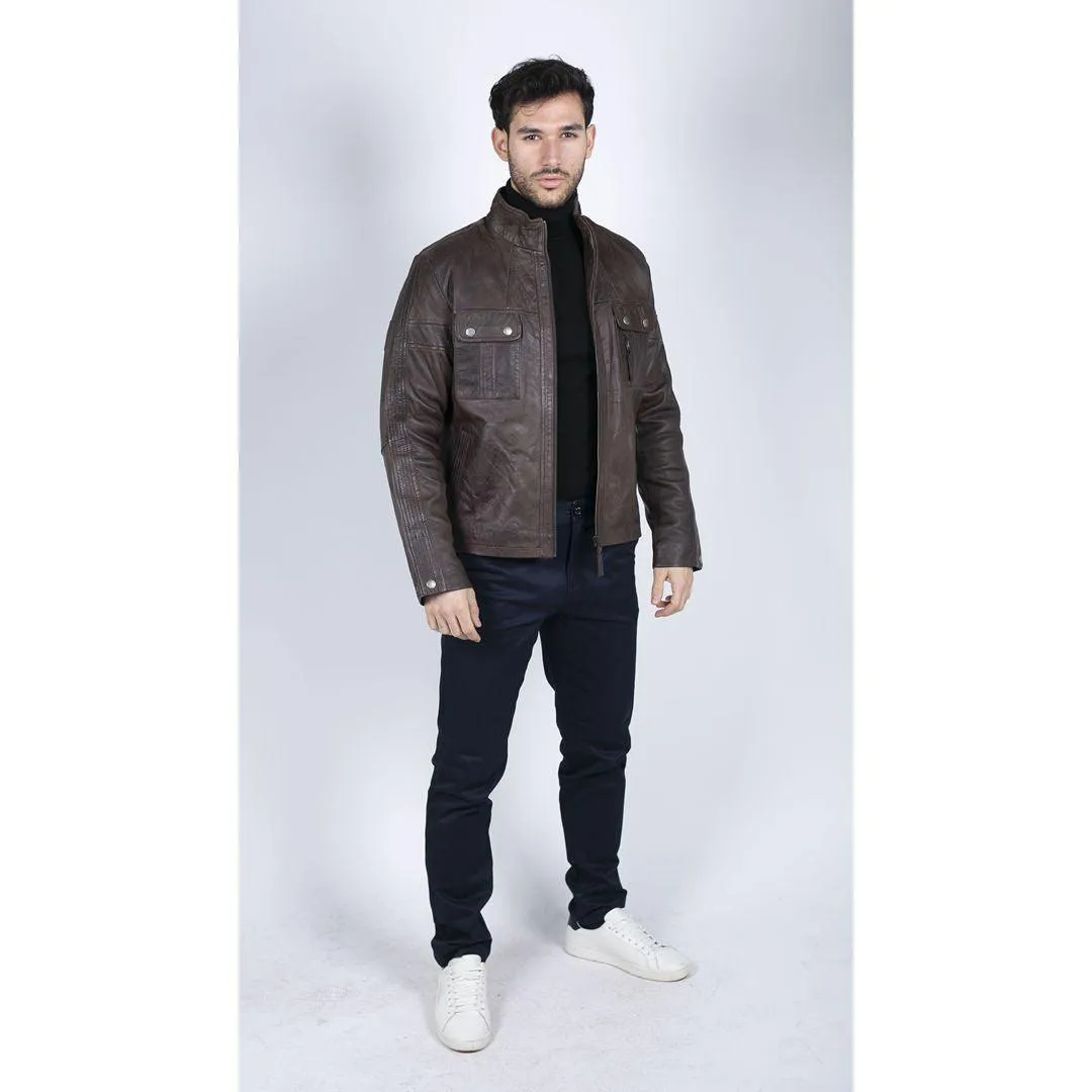 Mens Retro Real Leather Jacket Smart Casual High Collar Brown Vintage Look