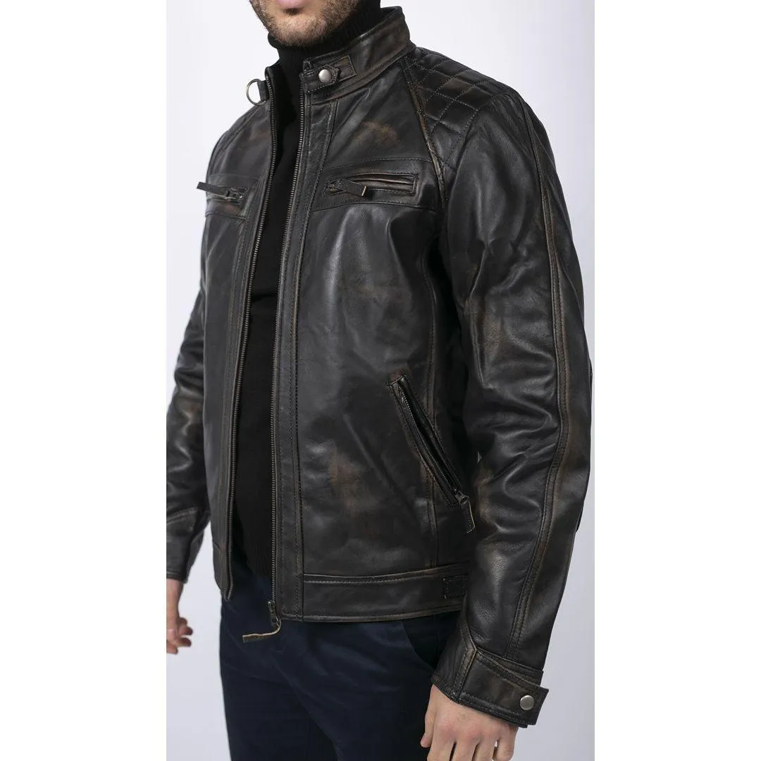 Mens Retro Style Zipped Biker Jacket Real Leather Soft Black Casual