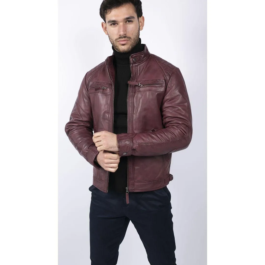 Mens Retro Style Zipped Biker Jacket Real Leather Soft Black Casual