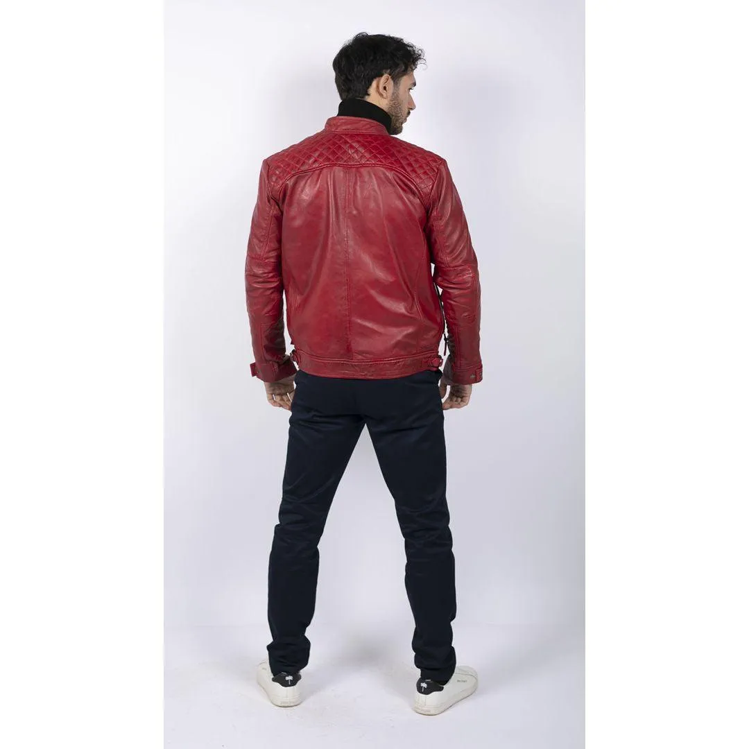 Mens Retro Style Zipped Biker Jacket Real Leather Soft Black Casual