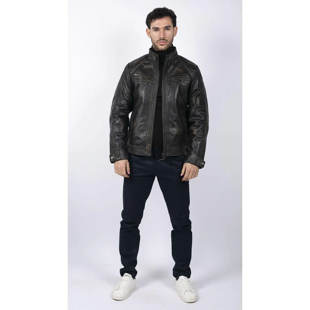 Mens Retro Style Zipped Biker Jacket Real Leather Soft Black Casual