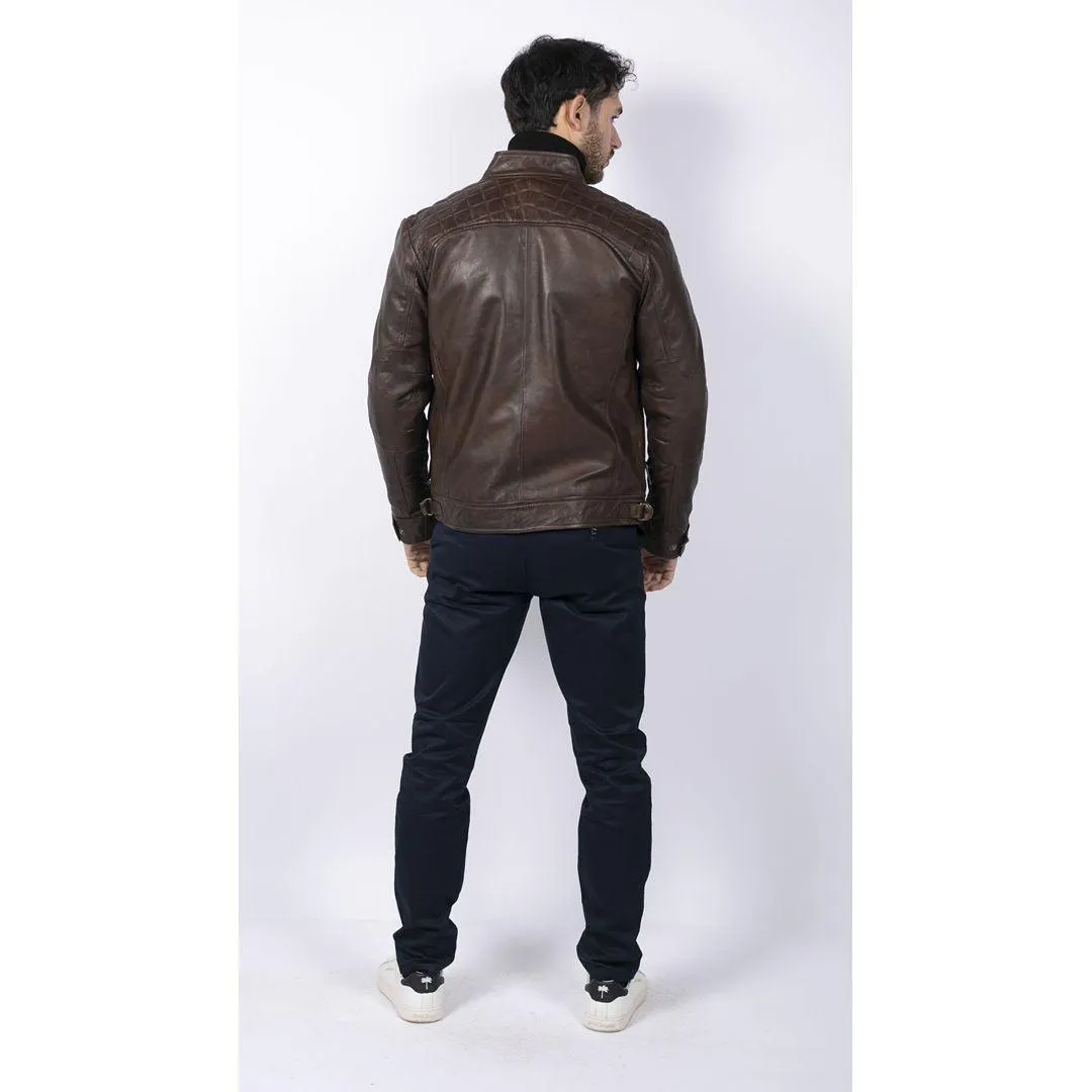 Mens Retro Style Zipped Biker Jacket Real Leather Soft Black Casual