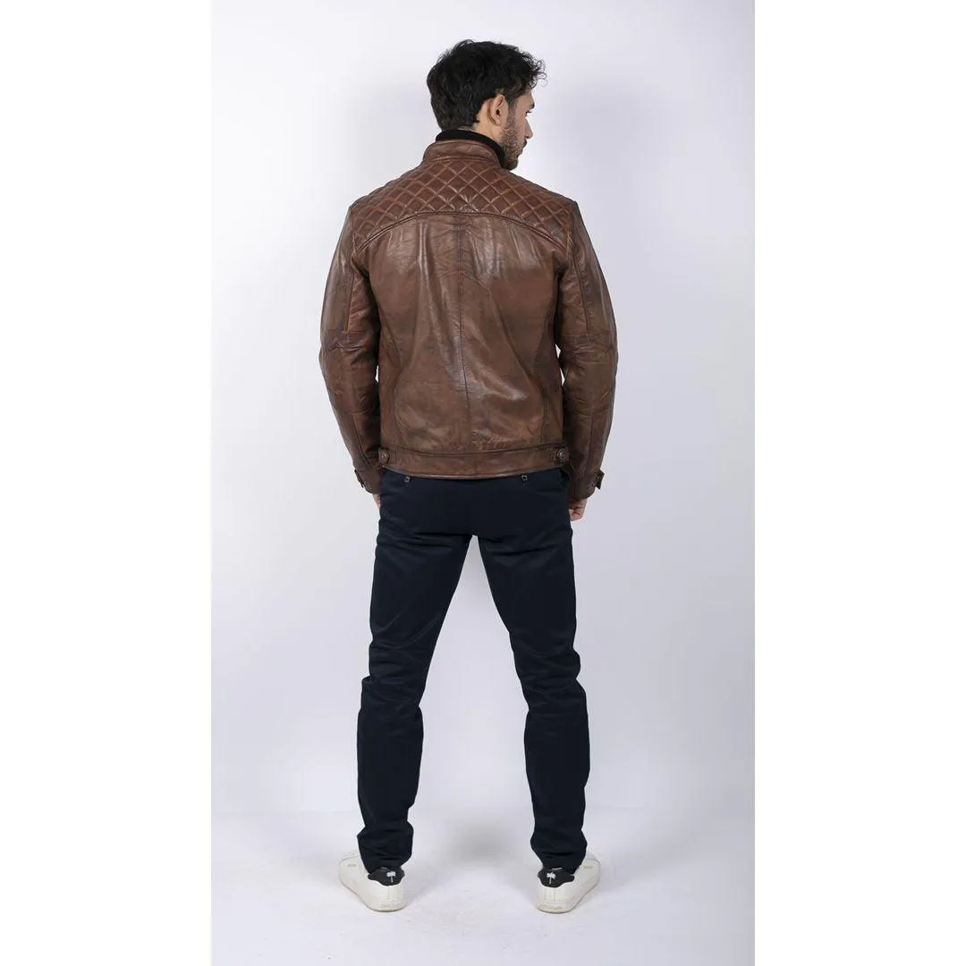 Mens Retro Style Zipped Biker Jacket Real Leather Soft Black Casual