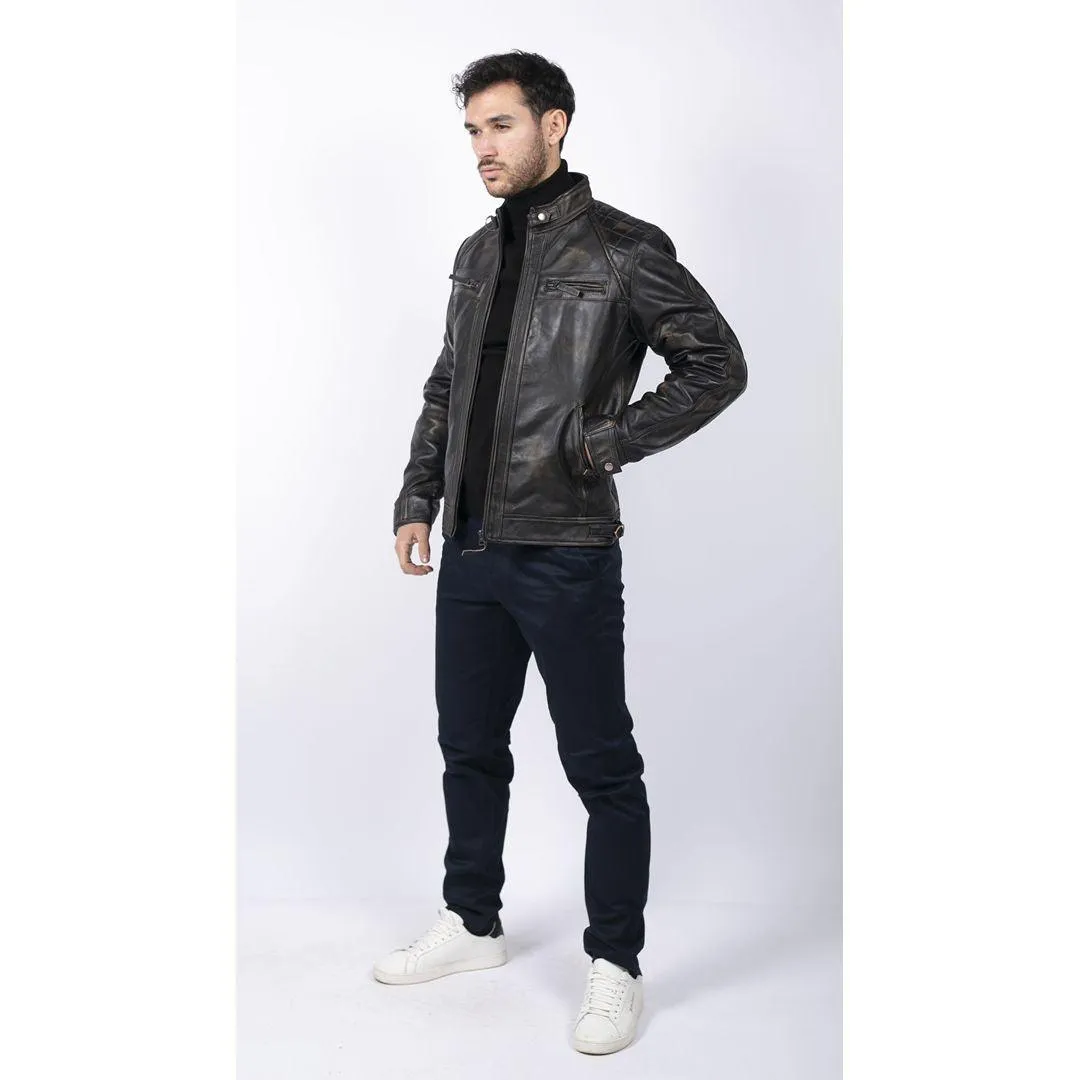 Mens Retro Style Zipped Biker Jacket Real Leather Soft Black Casual