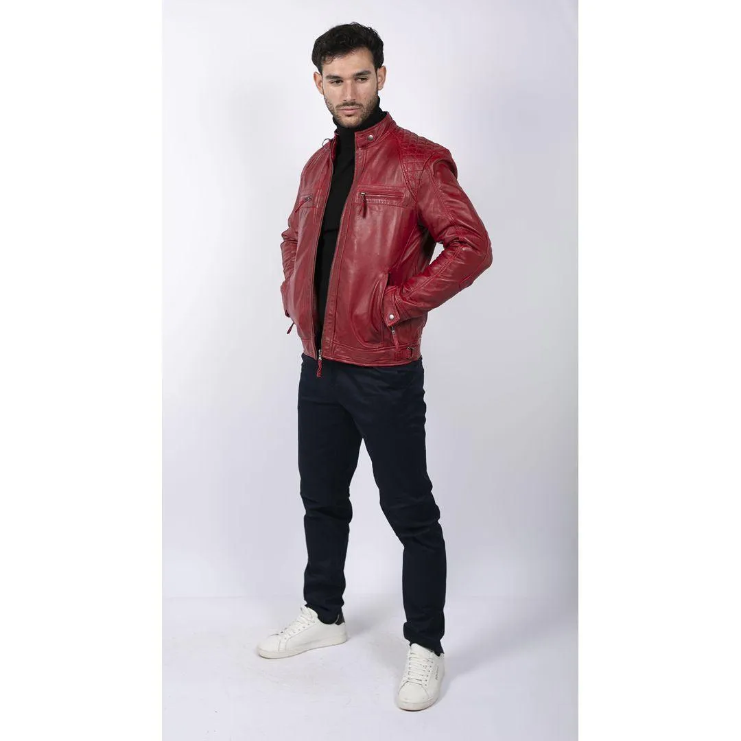 Mens Retro Style Zipped Biker Jacket Real Leather Soft Black Casual