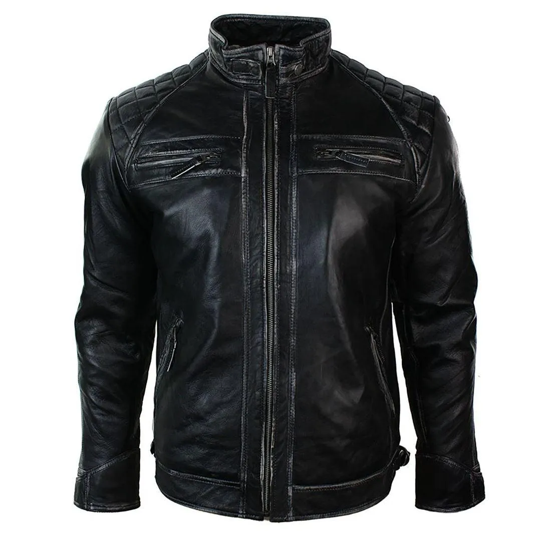 Mens Retro Style Zipped Biker Jacket Real Leather Soft Black Casual