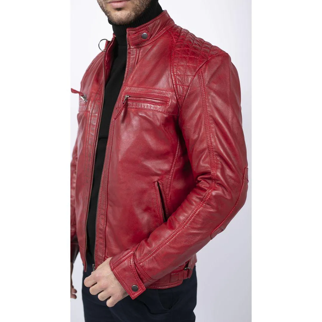 Mens Retro Style Zipped Biker Jacket Real Leather Soft Black Casual