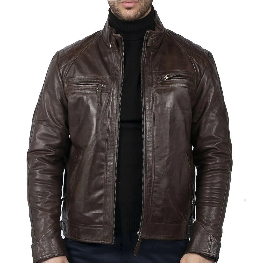 Mens Retro Style Zipped Biker Jacket Real Leather Soft Black Casual