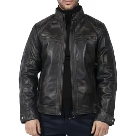 Mens Retro Style Zipped Biker Jacket Real Leather Soft Black Casual