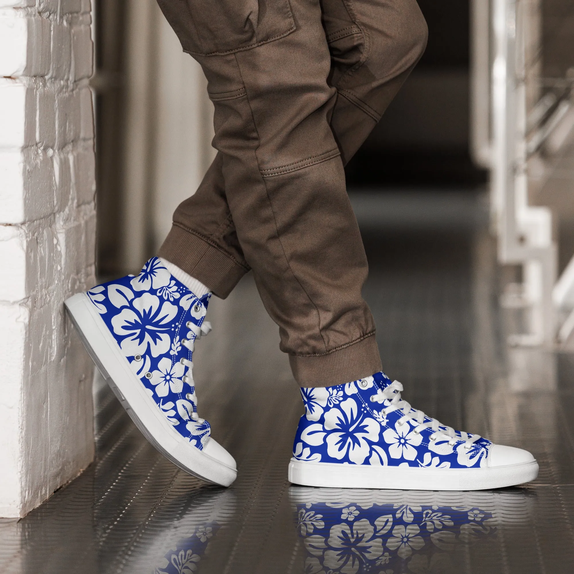 Men’s Royal Blue and White Hawaiian Print High Top Shoes